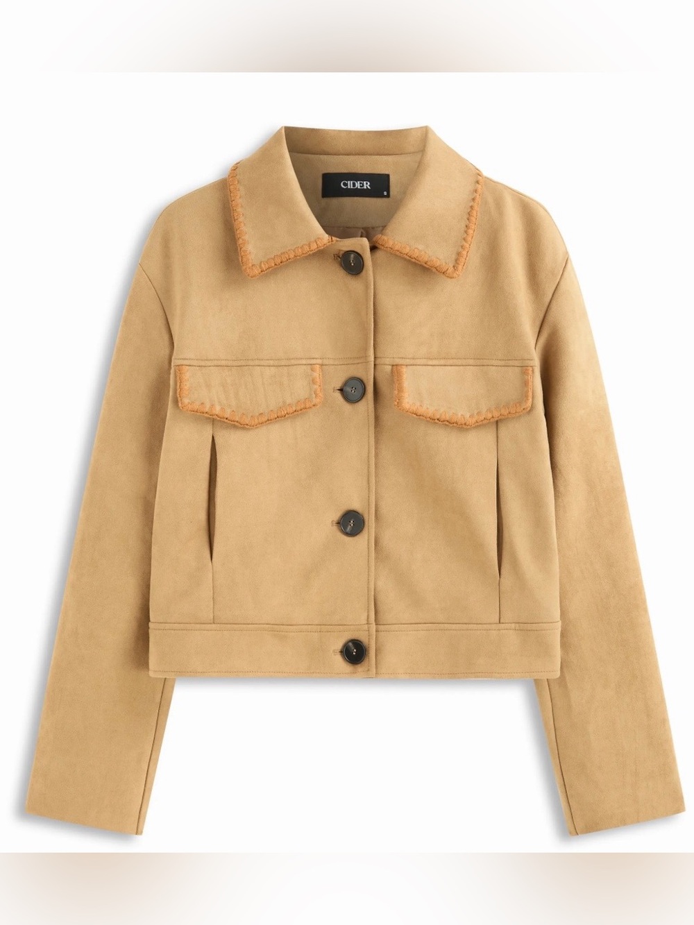 NWT - Cider Vegan Suede Jacket in Tan w Blanket Stitch Trim